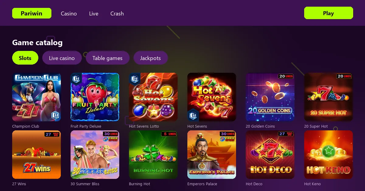 Slot and live casino catalog on Pariwin