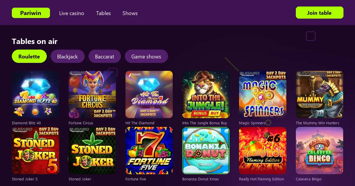 Live casino tables on Pariwin with real dealers