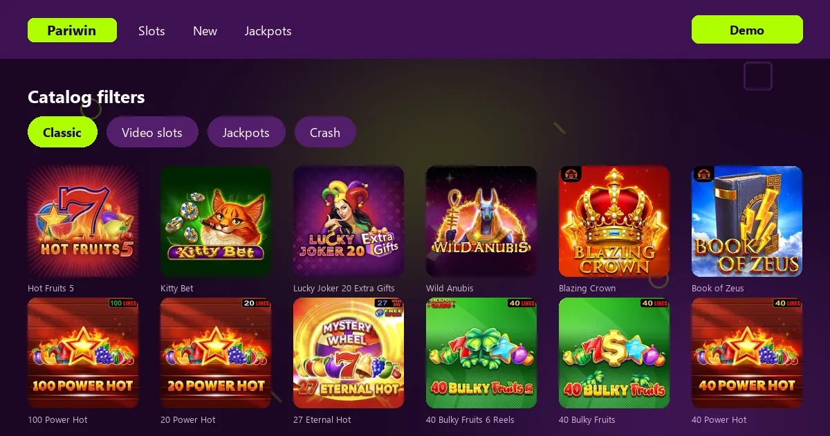Pariwin slot catalog with filters