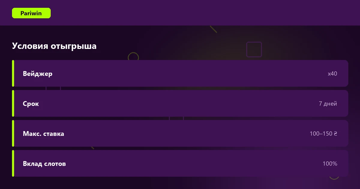 Условия приветственного бонуса на Pariwin